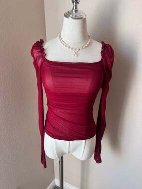 HYFVE Burgundy Mesh Ruched Long Sleeve Square Neck Top